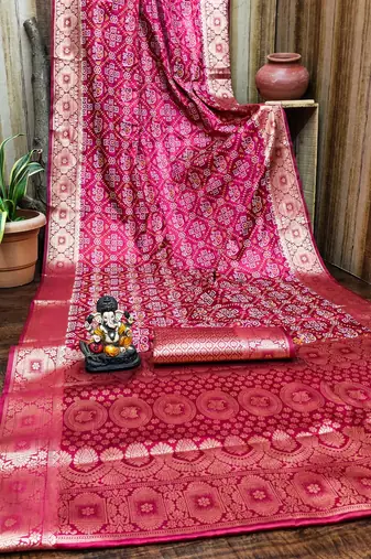 Dark red soft satin silk blend bandhej print saree with kanchi zari weaving border