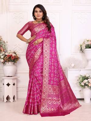 Pink soft satin silk blend bandhej print saree with kanchi zari weaving border 1