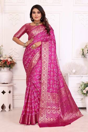 Pink soft satin silk bandhej print saree with kanchi zari weaving border