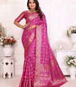 Pink soft satin silk blend bandhej print saree with kanchi zari weaving border