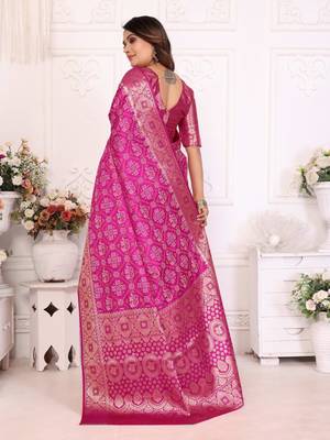 Pink soft satin silk blend bandhej print saree with kanchi zari weaving border 2