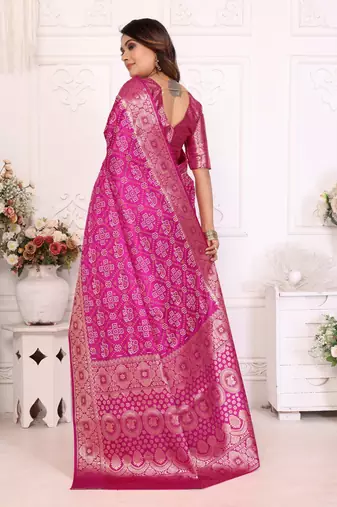 Pink soft satin silk blend bandhej print saree with kanchi zari weaving border
