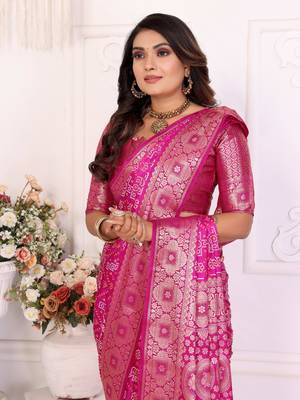 Pink soft satin silk blend bandhej print saree with kanchi zari weaving border 3