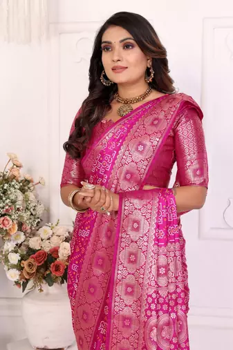 Pink soft satin silk blend bandhej print saree with kanchi zari weaving border