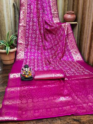Pink soft satin silk blend bandhej print saree with kanchi zari weaving border 4