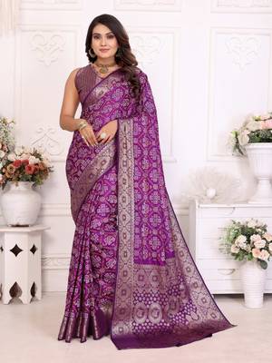 Purple soft satin silk blend bandhej print saree with kanchi zari weaving border 1
