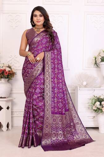 Purple soft satin silk blend bandhej print saree with kanchi zari weaving border