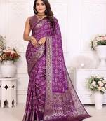 Purple soft satin silk blend bandhej print saree with kanchi zari weaving border