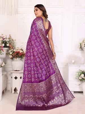 Purple soft satin silk blend bandhej print saree with kanchi zari weaving border 2
