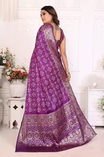 Purple soft satin silk blend bandhej print saree with kanchi zari weaving border