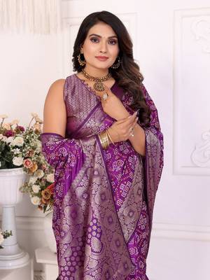 Purple soft satin silk blend bandhej print saree with kanchi zari weaving border 3