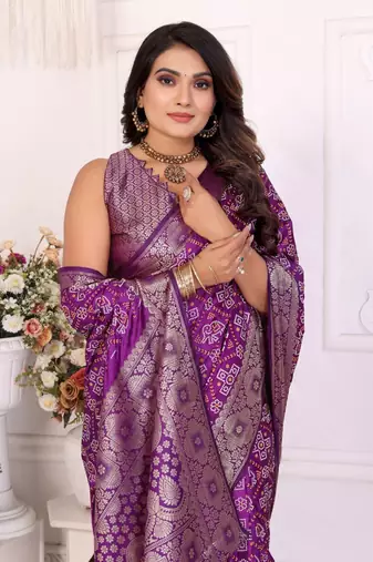 Purple soft satin silk blend bandhej print saree with kanchi zari weaving border