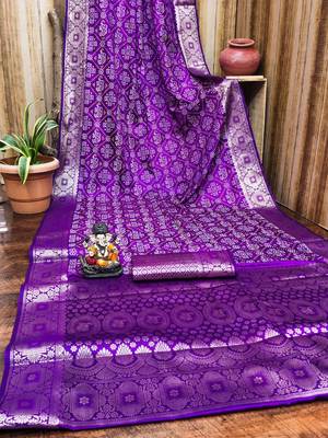 Purple soft satin silk blend bandhej print saree with kanchi zari weaving border 4
