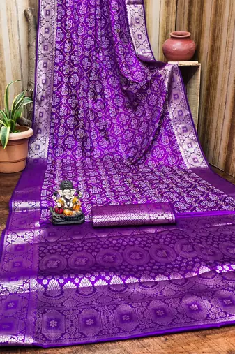 Purple soft satin silk blend bandhej print saree with kanchi zari weaving border