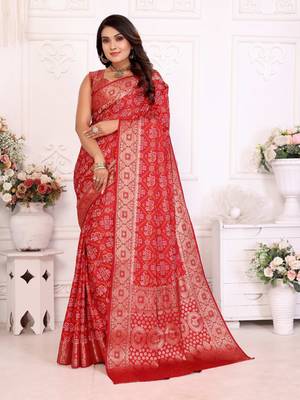 Red soft satin silk blend bandhej print saree with kanchi zari weaving border 1