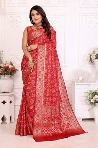 Red soft satin silk blend bandhej print saree with kanchi zari weaving border