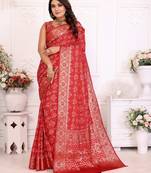 Red soft satin silk blend bandhej print saree with kanchi zari weaving border