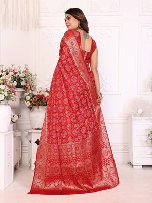 Red soft satin silk blend bandhej print saree with kanchi zari weaving border 2