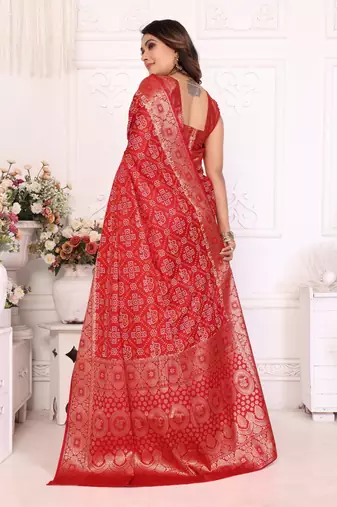 Red soft satin silk blend bandhej print saree with kanchi zari weaving border