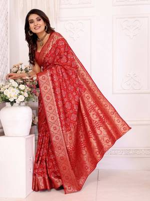 Red soft satin silk blend bandhej print saree with kanchi zari weaving border 3
