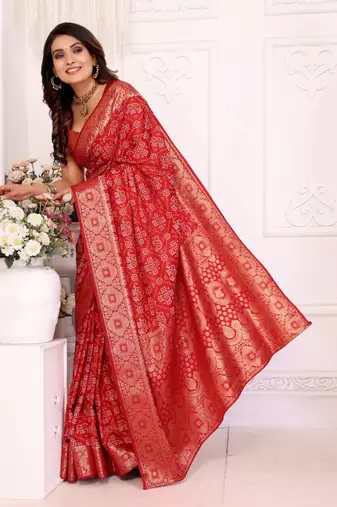 Red soft satin silk blend bandhej print saree with kanchi zari weaving border