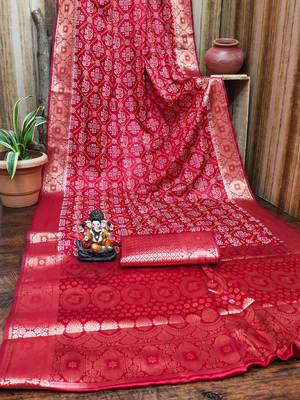 Red soft satin silk blend bandhej print saree with kanchi zari weaving border 4