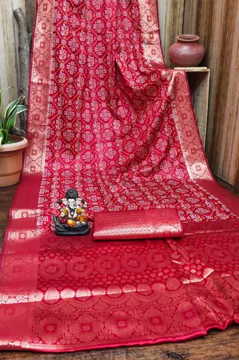 Red soft satin silk blend bandhej print saree with kanchi zari weaving border