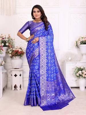 Blue soft satin silk blend bandhej print saree with kanchi zari weaving border 1