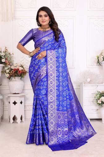 Blue soft satin silk blend bandhej print saree with kanchi zari weaving border