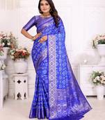 Blue soft satin silk blend bandhej print saree with kanchi zari weaving border