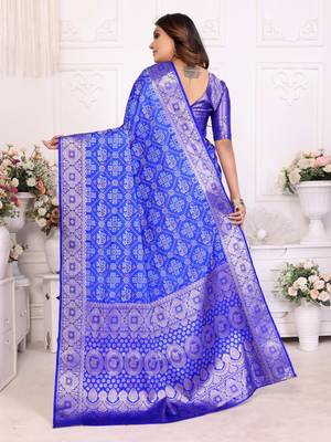 Blue soft satin silk blend bandhej print saree with kanchi zari weaving border 2