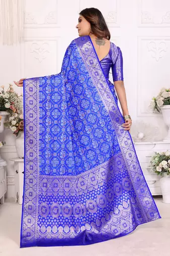 Blue soft satin silk blend bandhej print saree with kanchi zari weaving border