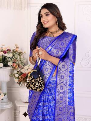 Blue soft satin silk blend bandhej print saree with kanchi zari weaving border 3