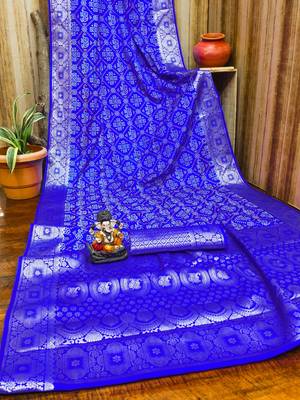 Blue soft satin silk blend bandhej print saree with kanchi zari weaving border 4