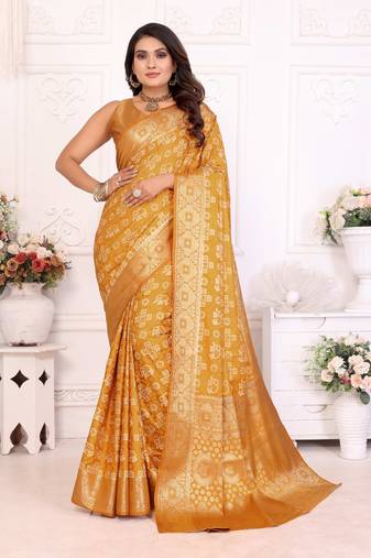 Yellow soft satin silk blend bandhej print saree with kanchi zari weaving border