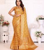 Yellow soft satin silk blend bandhej print saree with kanchi zari weaving border