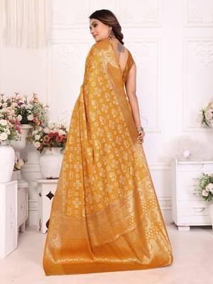 Yellow soft satin silk blend bandhej print saree with kanchi zari weaving border 2
