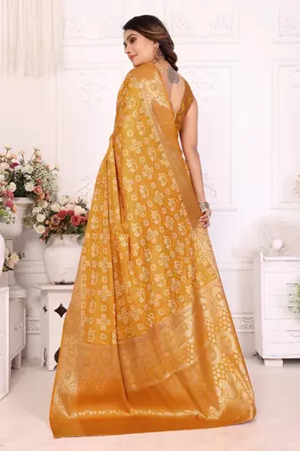 Yellow soft satin silk blend bandhej print saree with kanchi zari weaving border
