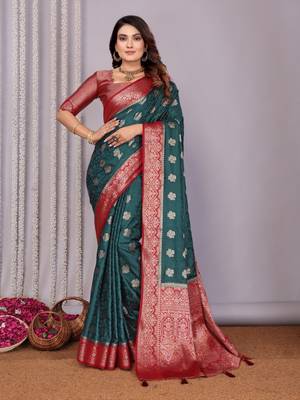 Dark green satin silk blend saree with contrast zari woven borders 1