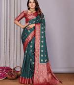 Dark green satin silk blend saree with contrast zari woven borders