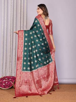 Dark green satin silk blend saree with contrast zari woven borders 2