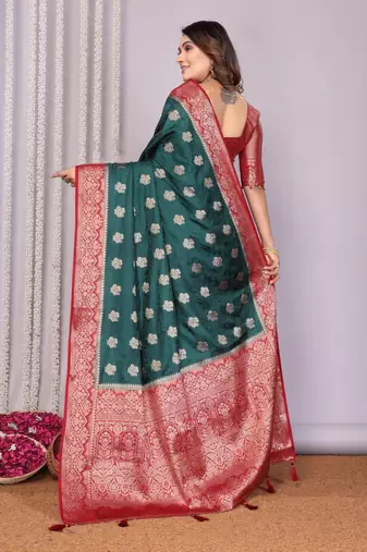 Dark green satin silk blend saree with contrast zari woven borders