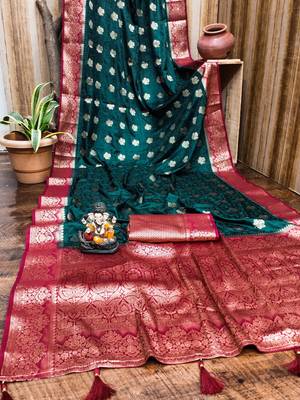 Dark green satin silk blend saree with contrast zari woven borders 3