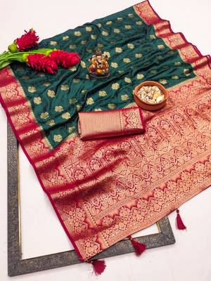 Dark green satin silk blend saree with contrast zari woven borders 4