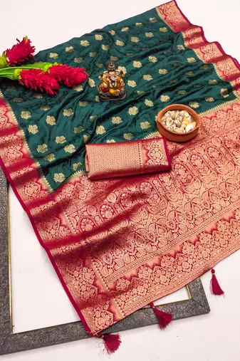 Dark green satin silk blend saree with contrast zari woven borders