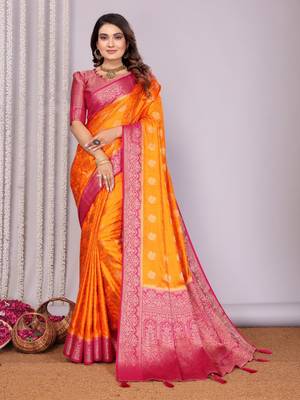 Orange satin silk blend saree with contrast zari woven borders 1