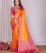 Orange satin silk blend saree with contrast zari woven borders
