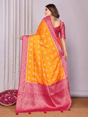 Orange satin silk blend saree with contrast zari woven borders 2