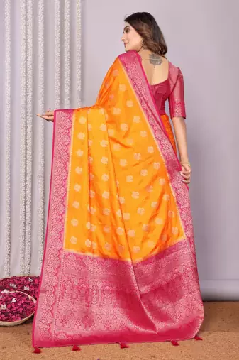 Orange satin silk blend saree with contrast zari woven borders