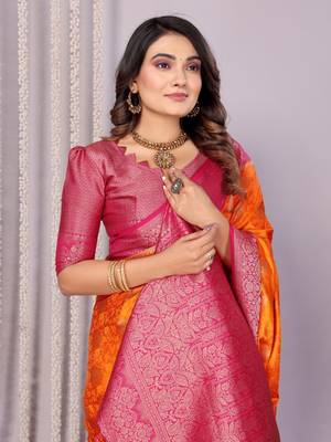 Orange satin silk blend saree with contrast zari woven borders 3